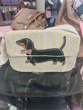 Beaded Dachshund Crossbody Bag - Black & Cream viral new nwt